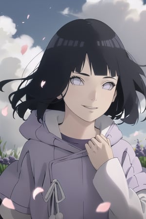 masterpiece, absurdres, hinata\(boruto\), 1girl, solo,mature female, purple hoodie,layered sleeves, brown pants,  outdoors,lavender flower field, wind, floating hair,hand on own chest,  looking at viewer, smile, (falling petals), cloudy sky,  