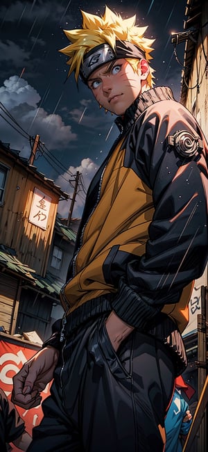 Naruto uzumaki , overpower mode, golden theme , (masterpiece, best quality), Athletically built young man with a penetrating gaze, framing intense, blue eyes, elegant GOLDEN suit,View from the front, dynamic angle, standing, serious, black tie suit, slum buildings, raining, night sky, perfect hand with proper finger ,r1ge
