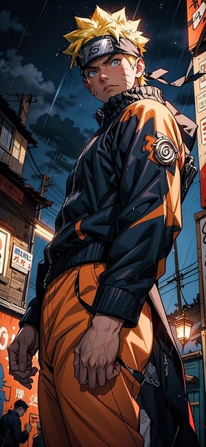 Naruto uzumaki , overpower mode, golden theme , (masterpiece, best quality), Athletically built young man with a penetrating gaze, framing intense, blue eyes, elegant GOLDEN suit,View from the front, dynamic angle, standing, serious, black tie suit, slum buildings, raining, night sky, perfect hand with proper finger ,r1ge
