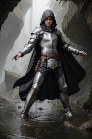 (Dynamic_pose:1.2), (bright colors), (Full_body_shot), (facial_hair), (colorful_cloak), (Male:1.3), (knight), (hooded_cloak), (short_hair), (dark_hair), (fantasy_armor), (flooding_cavern), (cloak), high detail, best quality, sharp eyes, detailed eyes, 4k, semi realistic, high resolution, high quality, 