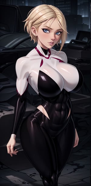 (gigantic breasts:1.4), (Massive breasts:1.4), huge breasts, high detail, (very tiny waist:1.4), muscular woman, athletic woman, Beautiful detailed face, best quality, sexy, sharp eyes, detailed eyes, detailed lips, tiny waist, firm lips, full lips, thin waist, Big breasts, sanpaku eyes, photorealistic, 4k, semi realistic, high resolution, high quality, tall woman, ,gwen stacy, blonde hair, (Symbiote:1.3), (venom:1.3), (latex:1.1), (spiderwebs:1.1), (black sludge:1.1), (black slime:1.1) ,symbiote,superwoman (mary batson)