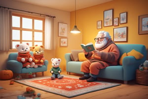 what a cozy scene of granpa mister anthropo lionman as a granpa wearing cute pajama sit on a comfy colorful sofa:0.3 and reading a cute childbook:0.4 to his grandchildren lioncubs wearing children fluffy clothes sit on the beautiful carpet around him to hear the story:0.5, inside, adorned cute fireplace with cute photos standing above illuminates the scene:0.3, exceptional lion and lioncub anatomy, very cute composition, they wear cozy cute winter clothes, granpa wears glasses too, cozy family together style, colorful and warm, we can see snow falling throw the cute window,Movie Still,3d figure