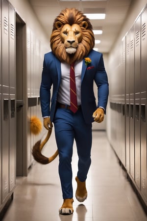 Top Anthro-Lionman wearing male college clothes walking in the lockerroom corridor, human love him, best quality, creative, best handsome cute lion, best lion anatomy, very well formed pawns and tail and mane, very symmetric male lion head, ultra resolution, very detailed, real life, new, newest, fun, 🦁 