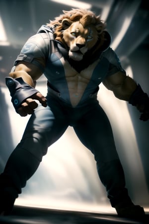 (best quality, high quality):1.3, a antho-lion man wearing male scifi outfit fighting bravely, realistic combat pose:1.3, holds weapon, solo, realistic hold katana movement, symmetric lion head face, realistic fur and mane with dynamic movement, dynamic view, colorful, very clear, very smooth, indoors, absurdres, intricate, real life, perfect lionman anatomy, accurate paws and tail, cinestill, ,weapon,Volibear/(League of Legends), (male only:1.4), (male clothes only:2),High detailed 