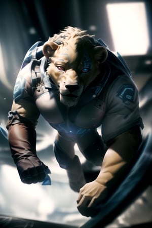 (best quality, high quality):1.3, a antho-lion man wearing male scifi outfit fighting bravely, realistic combat pose:1.3, holds weapon, solo, realistic hold katana movement, symmetric lion head face, realistic fur and mane with dynamic movement, dynamic view, colorful, very clear, very smooth, indoors, absurdres, intricate, real life, perfect lionman anatomy, accurate paws and tail, cinestill, ,weapon,Volibear/(League of Legends), (male only:1.4), (male clothes only:2),High detailed 