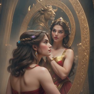 Ariadne (holds a mirror and watch her own face in the mirror:1.4) has her line cut inside the Minotaur maze:0.4, and she couldn't care less:0.2, for the only thing she wants is to admire her beautiful face and flawless skin in the pocked mirror:1.33, (holds a mirror, watches her face in the mirror):1.18, that she always brings with her. reaslitic mirror reflection of her face in accurate angle:1.22, real and reflected faces are very visible at viewer:1.15, dark fantasy, chiaroscuro but colorful, dramatic colors, mythological maze, awe and beauty, gods watch from sky, realistic holding a mirror movement, realistic admiring herself in the mirror movement, complex scene featuring Ariadne looking herself in the mirror with the minotaur maze around her and very farther the face of some powerful gods looking at her from the clouds masterpiece, ,photo r3al,Movie Still,Film Still,ColorART,Cinematic,Cinematic Shot,Cinematic Lighting,colorful