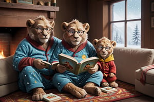 what a cozy scene of granpa mister anthropo lionman as a granpa wearing cute pajama sit on a comfy colorful sofa:0.3 and reading a cute childbook:0.4 to his grandchildren lioncubs wearing children fluffy clothes sit on the beautiful carpet around him to hear the story:0.5, inside, adorned cute fireplace with cute photos standing above illuminates the scene:0.3, exceptional lion and lioncub anatomy, very cute composition, they wear cozy cute winter clothes, granpa wears glasses too, cozy family together style, colorful and warm, we can see snow falling throw the cute window.,greg rutkowski,Movie Still