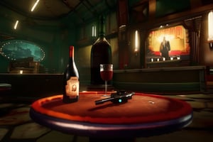 a bottle of wine and a remote control on a table , weapon, indoors, gun, a crazy man trying to break an Adam machine:1.4, table, bottle, scenery , cinematic from Bioshock game series, art deco, seedy, submarine, Rapture, 