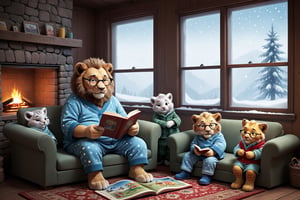 what a cozy scene of granpa mister anthropo lionman as a granpa wearing cute pajama sit on a comfy colorful sofa:0.3 and reading a cute childbook:0.4 to his grandchildren lioncubs wearing children fluffy clothes sit on the beautiful carpet around him to hear the story:0.5, inside, adorned cute fireplace with cute photos standing above illuminates the scene:0.3, exceptional lion and lioncub anatomy, very cute composition, they wear cozy cute winter clothes, granpa wears glasses too, cozy family together style, colorful and warm, we can see snow falling throw the cute window,Movie Still,3d figure