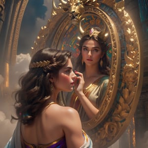 Ariadne (holds a mirror and watch her own face in the mirror:1.4) has her line cut inside the Minotaur maze:0.4, and she couldn't care less:0.2, for the only thing she wants is to admire her beautiful face and flawless skin in the pocked mirror:1.33, (holds a mirror, watches her face in the mirror):1.18, that she always brings with her. reaslitic mirror reflection of her face in accurate angle:1.22, real and reflected faces are very visible at viewer:1.15, dark fantasy, chiaroscuro but colorful, dramatic colors, mythological maze, awe and beauty, gods watch from sky, realistic holding a mirror movement, realistic admiring herself in the mirror movement, complex scene featuring Ariadne looking herself in the mirror with the minotaur maze around her and very farther the face of some powerful gods looking at her from the clouds masterpiece, ,photo r3al,Movie Still,Film Still,ColorART,Cinematic,Cinematic Shot,Cinematic Lighting,colorful