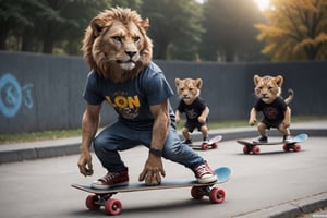 Top Anthro-Lionman wearing male skater clothes skateboarding at the punk park with lion cubs with their toys, we love you, best quality, creative, best handsome cute lion, best lion anatomy, very well formed pawns and tail and mane, very symmetric male lion head, ultra resolution, very detailed, real life, new, newest, fun, 🦁 composition, best lioncube cute outfit, depth of field, multi-layers of action, sunny day, best memories, we love 🦁, roar!, meow!