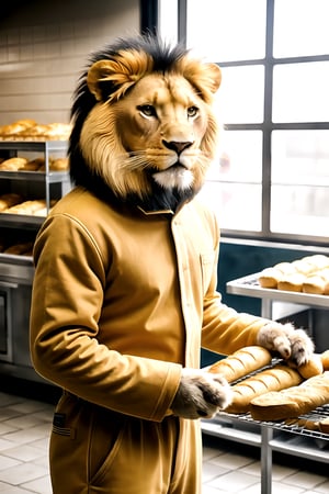 (best quality, high quality):1.3, a antho-lion man wearing coverall buy bread at the bakery, symmetric lion head face, realistic fur and mane with dynamic movement, dynamic view, colorful, very clear, very smooth, indoors, absurdres, intricate, real life, perfect lionman anatomy, accurate paws and tail, cinestill,Epicrealism