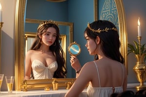 Ariadne (holds a mirror and watch her own face in the mirror:1.4) has her line cut inside the Minotaur maze:0.4, and she couldn't care less:0.2, for the only thing she wants is to admire her beautiful face and flawless skin in the pocked mirror:1.33, (holds a mirror, watches her face in the mirror):1.18, that she always brings with her. reaslitic mirror reflection of her face in accurate angle:1.22, real and reflected faces are very visible at viewer:1.15, dark fantasy, chiaroscuro but colorful, dramatic colors, mythological maze, awe and beauty, gods watch from sky, realistic holding a mirror movement, realistic admiring herself in the mirror movement, complex scene featuring Ariadne looking herself in the mirror with the minotaur maze around her and very farther the face of some powerful gods looking at her from the clouds masterpiece, ,photo r3al,Movie Still,Film Still,ColorART,Cinematic,Cinematic Shot,Cinematic Lighting,colorful,RING