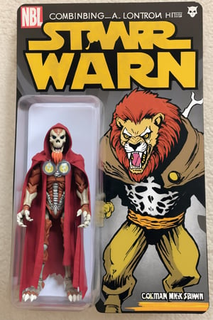 Lion-Spawn: combining a male anthro Lion with Spawn from Comics, a strong skeleton Lionman who looks threatening but is a hero:0.4, packed in a furry box enveloped in a red cloack:0.5, bring a remote control with a button which when pressed makes the lion roar immensely:0.3,  ,awe_toys