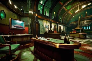  a man trying to break an machine handing on the wall:1.4, a broken bottle of wine and a remote control on a table , weapon, indoors, gun, table, bottle, scenery , syringes over the table, cinematic from Bioshock game series, art deco, seedy, submarine, Rapture, 
