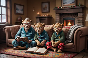what a cozy scene of granpa mister anthropo lionman as a granpa wearing cute pajama sit on a comfy colorful sofa:0.3 and reading a cute childbook:0.4 to his grandchildren lioncubs wearing children fluffy clothes sit on the beautiful carpet around him to hear the story:0.5, inside, adorned cute fireplace with cute photos standing above illuminates the scene:0.3, exceptional lion and lioncub anatomy, very cute composition, they wear cozy cute winter clothes, granpa wears glasses too, cozy family together style, colorful and warm, we can see snow falling throw the cute window.,greg rutkowski,Movie Still