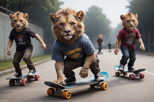 Top Anthro-Lionman wearing male skater clothes skateboarding at the punk park with lion cubs with their toys, we love you, best quality, creative, best handsome cute lion, best lion anatomy, very well formed pawns and tail and mane, very symmetric male lion head, ultra resolution, very detailed, real life, new, newest, fun, 🦁 composition, best lioncube cute outfit, depth of field, multi-layers of action, sunny day, best memories, we love 🦁, roar!, meow!