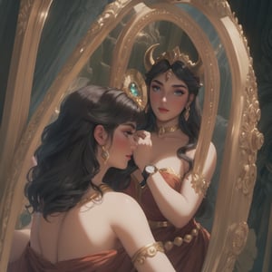 Ariadne (holds a mirror and watch her own face in the mirror:1.4) has her line cut inside the Minotaur maze:0.4, and she couldn't care less:0.2, for the only thing she wants is to admire her beautiful face and flawless skin in the pocked mirror:1.33, (holds a mirror, watches her face in the mirror):1.18, that she always brings with her. reaslitic mirror reflection of her face in accurate angle:1.22, real and reflected faces are very visible at viewer:1.15, dark fantasy, chiaroscuro but colorful, dramatic colors, mythological maze, awe and beauty, gods watch from sky, realistic holding a mirror movement, realistic admiring herself in the mirror movement, complex scene featuring Ariadne looking herself in the mirror with the minotaur maze around her and very farther the face of some powerful gods looking at her from the clouds masterpiece, ,photo r3al,Movie Still,Film Still,ColorART,Cinematic,Cinematic Shot,Cinematic Lighting