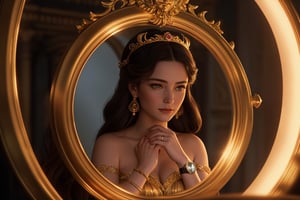 cinestill, Ariadne (holds a mirror and watch her own face in the mirror:1.4) has her line cut inside the Minotaur maze:0.4, and she couldn't care less:0.2, for the only thing she wants is to admire her beautiful face and flawless skin in the pocked mirror:1.33, (holds a mirror, watches her face in the mirror):1.18, that she always brings with her. reaslitic mirror reflection of her face in accurate angle:1.22, real and reflected faces are very visible at viewer:1.15, dark fantasy, chiaroscuro but colorful, dramatic colors, mythological maze, awe and beauty, gods watch from sky, realistic holding a mirror movement, realistic admiring herself in the mirror movement, complex scene featuring Ariadne looking herself in the mirror with the minotaur maze around her and very farther the face of some powerful gods looking at her from the clouds masterpiece, ,photo r3al,Movie Still,Film Still,ColorART,Cinematic,Cinematic Shot,Cinematic Lighting,colorful,RING
