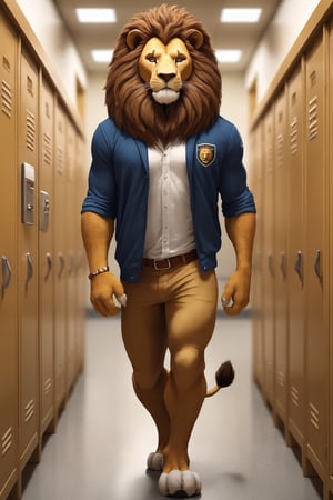 Top Anthro-Lionman wearing male college clothes walking in the lockerroom corridor, human love him, best quality, creative, best handsome cute lion, best lion anatomy, very well formed pawns and tail and mane, very symmetric male lion head, ultra resolution, very detailed, real life, new, newest, fun, 🦁 