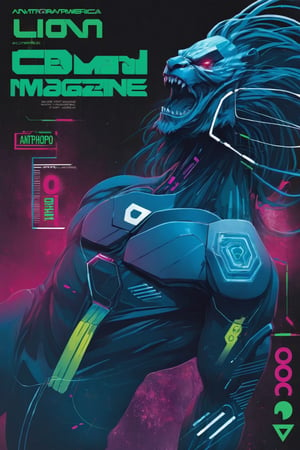 best male anthropomorphic Lion-man   cyberpunk magazine cover, best lion anatomy, anthropo-lion-man,cyber-graphics