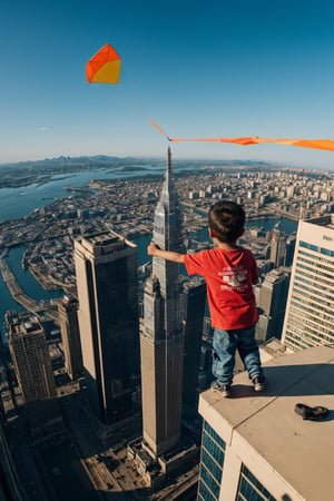 One Small poor boy stiing up on a tallest building edge, skyscraper building,blue orange sky,kite are fly in a sky , 