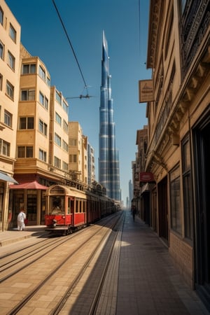 Photo capture vintage sand street, ((front burj kalifa street clearly full view)), very old vintage Arabian old building architecture street , sand street side American tram train passing in tram track,canon detail long short view resolution, clearly image, 8k resolution, original effect