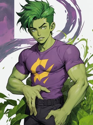 Beast-boy from teen titans, green skin, green hair, green arms, green legs, green face, green hands, black pants, blank and purple t-shirt. young man, 1 person 