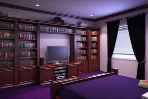 Gamer bedroom, plasma TV 50 inches, purple carpet, large mahogany bookcase with books, larg black curtains, queen size bed, youth bedside table, closet attached to the wall