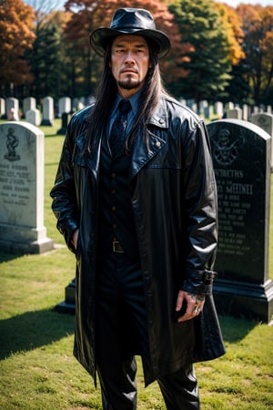  1 man, Undertaker, wwe wrestler, cemetery back ground. Black pants, black leather trench coat, black Levine Hat Amish, black hair. Standing in front face.