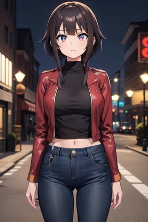 Megumin , short hair, short hair with long locks, crimson eyes, best quality, high resolution, unity 8k wallpaper, (illustration:0.8), (beautiful detailed eyes:1.6), extremely detailed face, perfect lighting, extremely detailed CG, (perfect hands, perfect anatomy), only one person, busty, at night, on a city street, black turtleneck t-shirt, red leather jacket, city ​​at night, arms behind the back, absolutely black jeans

,megumin