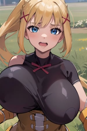 Lalatina / Darkness, blonde hair, ponytail, x hair ornament,blue eyes, extremely detailed face, perfect lighting, extremely detailed CG, (perfect hands, perfect anatomy), busty, running, Green field



