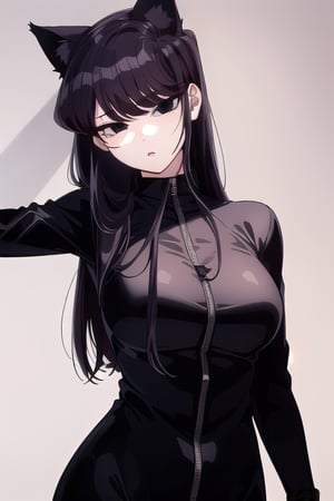 Shoko Komi, (Black hair, long loose hair, black hair, bangs:1.2), (Black eyes, shiny black eyes:1.3), extremely detailed face, perfect lighting, extremely detailed CG, (perfect hands, perfect anatomy), busty, cat ears, 

