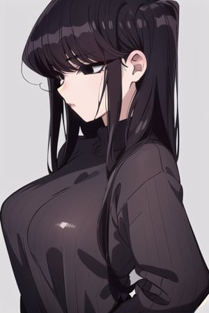 Shoko Komi, (Black hair, long loose hair, black hair, bangs:1.2), (Black eyes, shiny black eyes:1.3), extremely detailed face, perfect lighting, extremely detailed CG, (perfect hands, perfect anatomy), busty, wool sweatshirt, turtleneck



