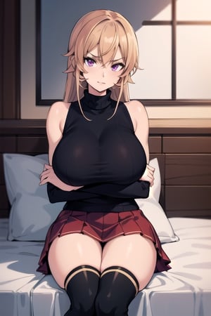 red medium skirt, tall black boots, perfect hands, violet eyes, big tits, big_boobies, huge breasts, big breasts, Black high turtleneck sleeveless wool sweatshirt, crossed arms, luxury room, nakiri erina, perfect hands, detailed face, violet eyes