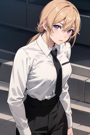 Nakiri erina, purple eyes, blond hair, best quality, high resolution, unity 8k wallpaper, (illustration:0.8), (beautiful detailed eyes:1.6), extremely detailed face, perfect lighting, extremely detailed CG, (perfect hands, perfect anatomy), only one person, tied hair, busty, white long sleeve suit shirt, black plain tie, black suit pants