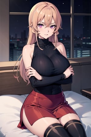 red medium skirt, tall black boots, perfect hands, violet eyes, big tits, big_boobies, huge breasts, big breasts, Black high turtleneck sleeveless wool sweatshirt, hands holding his chest, crossed arms, luxury room, nakiri erina,, perfect hands, detailed face, violet eyes