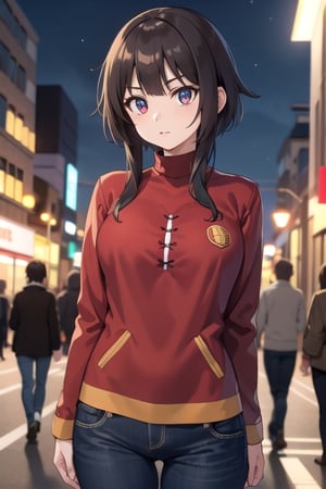 Megumin , short hair, short hair with long locks, crimson eyes, best quality, high resolution, unity 8k wallpaper, (illustration:0.8), (beautiful detailed eyes:1.6), extremely detailed face, perfect lighting, extremely detailed CG, (perfect hands, perfect anatomy), only one person, busty, at night, on a city street, black jeans, black turtleneck t-shirt, red leather jacket, city ​​at night, arms behind the back
