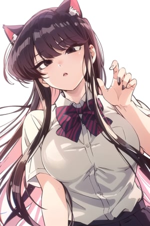 Shoko Komi, (Black hair, long loose hair, black hair, bangs:1.2), (Black eyes, shiny black eyes:1.3), extremely detailed face, perfect lighting, extremely detailed CG, (perfect hands, perfect anatomy), busty, school uniform, cat ears
