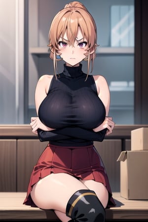 nakiri erina, red medium skirt, tall black boots, , perfect hands, violet eyes, , big tits, big_boobies, huge breasts, big breasts, Black high turtleneck sleeveless wool sweatshirt, hands holding his chest, ponytail hairstyle, crossed arms, She is sitting cross-legged., covered breasts, 
luxurious room