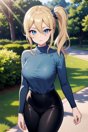 Ai Hayasaka, blonde hair, blue eyes, blue scrunchie, hair between eyes, hair scrunchie, long hair, scrunchie, side ponytail, sidelocks, , best quality, high resolution, unity 8k wallpaper, (illustration:0.8), (beautiful detailed eyes:1.6), extremely detailed face, perfect lighting, extremely detailed CG, (perfect hands, perfect anatomy), only one person, busty, walking, park with trees, stone path, black leggings, light blue t-shirt, long sleeve t-shirt, turtleneck t-shirt, a lot of shadow
