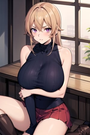 red medium skirt, tall black boots, perfect hands, violet eyes, big tits, big_boobies, huge breasts, big breasts, Black high turtleneck sleeveless wool sweatshirt, hands holding his chest, crossed arms, She is sitting cross-legged, luxury room, nakiri erina, perfect hands, detailed face, violet eyes