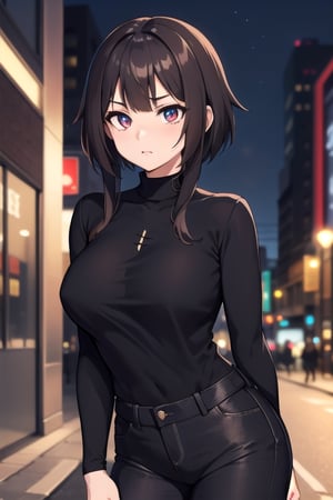 Megumin , short hair, short hair with long locks, crimson eyes, best quality, high resolution, unity 8k wallpaper, (illustration:0.8), (beautiful detailed eyes:1.6), extremely detailed face, perfect lighting, extremely detailed CG, (perfect hands, perfect anatomy), only one person, busty, at night, on a city street, black turtleneck t-shirt, city ​​at night, arms behind the back, Black pants, posing as a model in the middle of the street, long sleeve shirt


