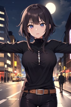 Megumin , short hair, short hair with long locks, crimson eyes, best quality, high resolution, unity 8k wallpaper, (illustration:0.8), (beautiful detailed eyes:1.6), extremely detailed face, perfect lighting, extremely detailed CG, (perfect hands, perfect anatomy), only one person, busty, at night, on a city street, black turtleneck t-shirt, city ​​at night, Black pants, posing as a model in the middle of the street, long sleeve shirt, black t-shirt, extending his arms for a hug, looking at the viewer,




