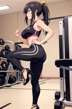 yui kotegawa, high heels, training in the gym with tight black leggings, serius face, yellow heels, big tits, 8k, standing right, hair with ponytail,kotegawa yui