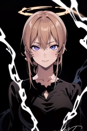 Nakiri erina, purple eyes, blond hair, best quality, high resolution, unity 8k wallpaper, (illustration:0.8), (beautiful detailed eyes:1.6), extremely detailed face, perfect lighting, extremely detailed CG, (perfect hands, perfect anatomy), only one person, black dress, Closed mouth, happy face, busty, black background, tied hair, both eyes violet, big tits