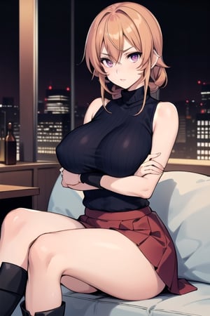 red medium skirt, tall black boots, perfect hands, violet eyes, big tits, big_boobies, huge breasts, big breasts, Black high turtleneck sleeveless wool sweatshirt, hands holding his chest, crossed arms, She is sitting cross-legged, luxury room, nakiri erina,  perfect hands, detailed face, violet eyes