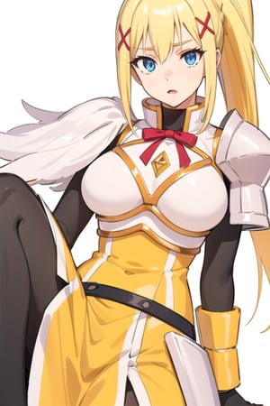 Lalatina / Darkness, blonde hair, ponytail, x hair ornament,blue eyes, extremely detailed face, perfect lighting, extremely detailed CG, (perfect hands, perfect anatomy), busty, armor, 












