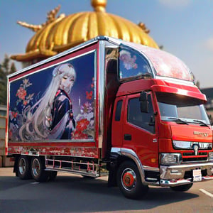 ((masterpiece, best quality, ultra detailed)), (shiny hair:1.4),10t japanese pimped-out truck,side view,distant view,