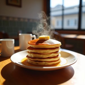 Stacks of pancakes on a single plate, butter and maple syrup, wooden table, sunny kitchen, tiled walls, view of Kyoto from outside the window, (steam on top of the pancakes,steaming mugs,)